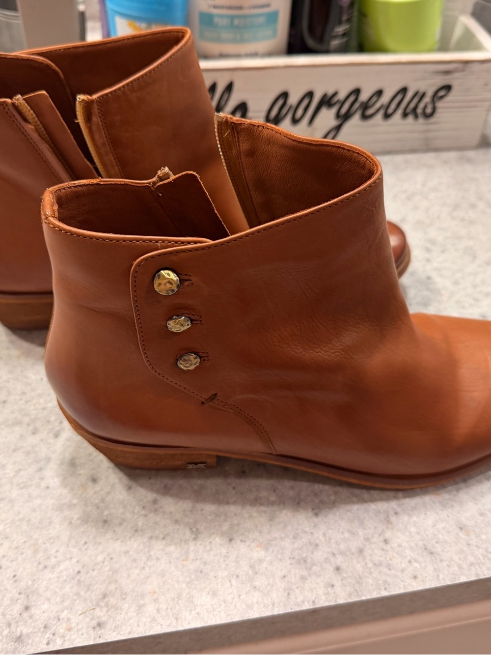 Sam Edelman Tan Leather Ankle Booties with Gold Buttons